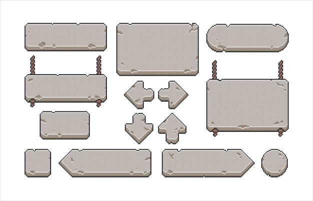 広範囲にわたるピクセル・アート・ストーン・サイン・コレクション (Pixel Art Stone Sign Collection) に,矢印パネルなどのレトロゲームUI要素が含まれています.