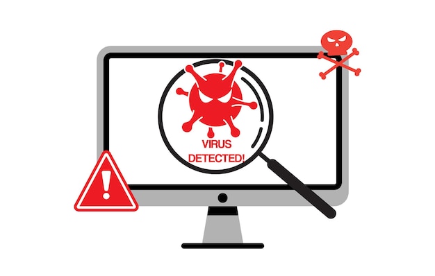 Vector compuiter monitor malware virus en bugs gedetecteerd illustratie met vergrootglas op smartphonescherm