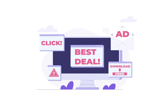 Computer adware attack spam internet advertising concept Vector illustration