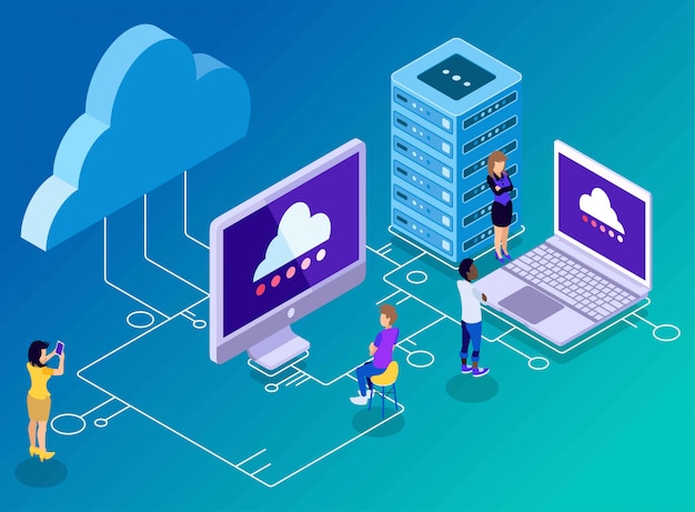 Computer Backup and Storage Technology, Clouds, Server, Laptop, and Connectivity, Isometric Illustration