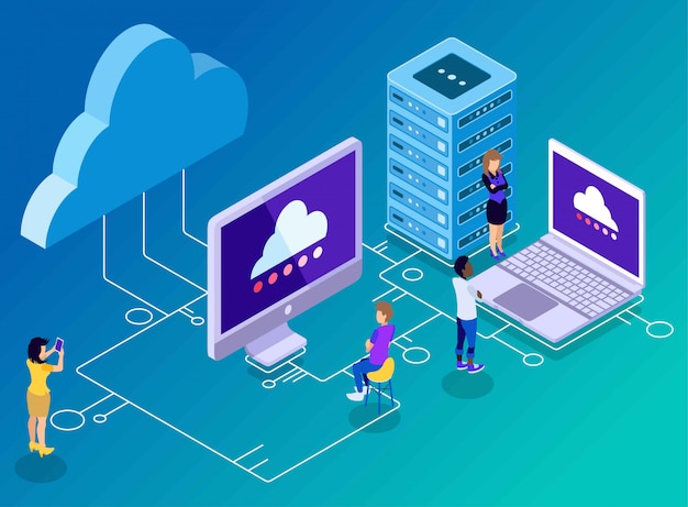 Vettore tecnologia di backup e archiviazione del computer, nuvole, server, laptop e connettività, illustrazione isometrica