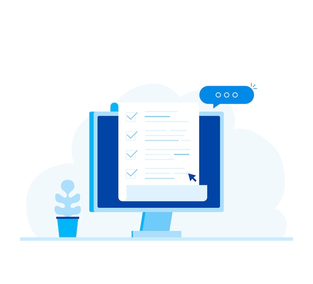 Vector computer and checklist, pc monitor with long paper document and to do list with checkboxes