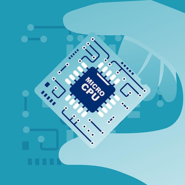 computer chip in hand. cpu computer close up. hands repairman in gloves hold processor microchip.