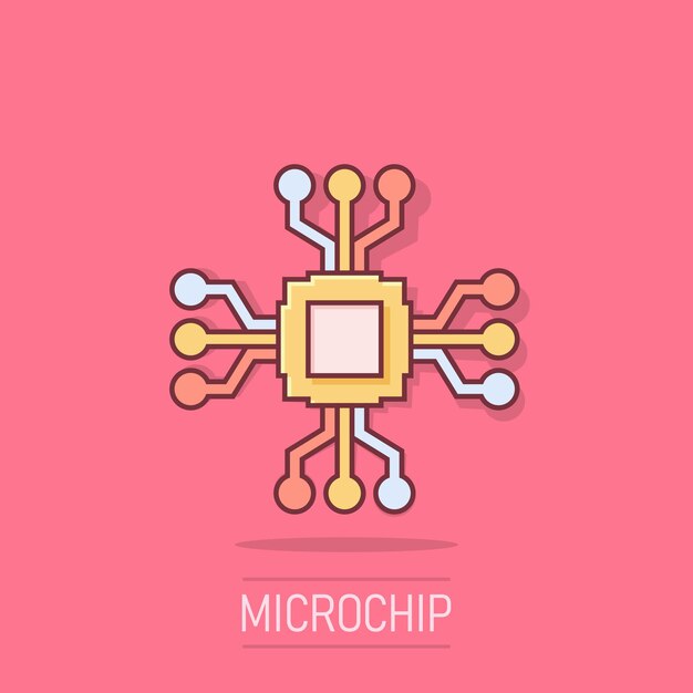 Vector computer chip icon in comic style circuit board cartoon vector illustration on isolated background cpu processor splash effect business concept