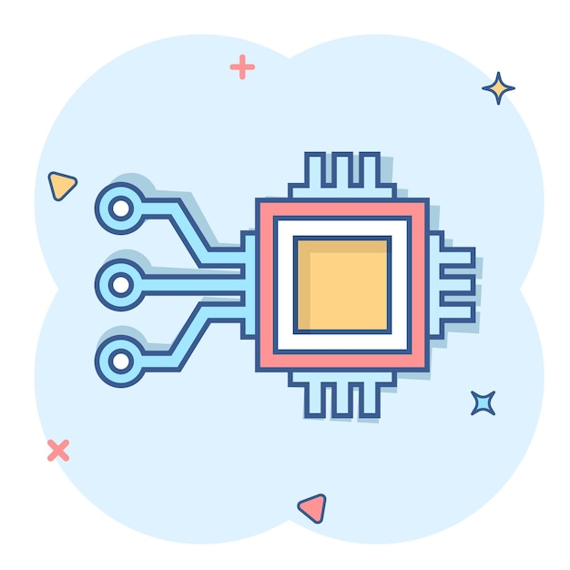 Vettore icona del chip del computer in stile fumetto illustrazione vettoriale del cartone animato del circuito stampato su sfondo bianco isolato concetto di business con effetto splash del processore della cpu