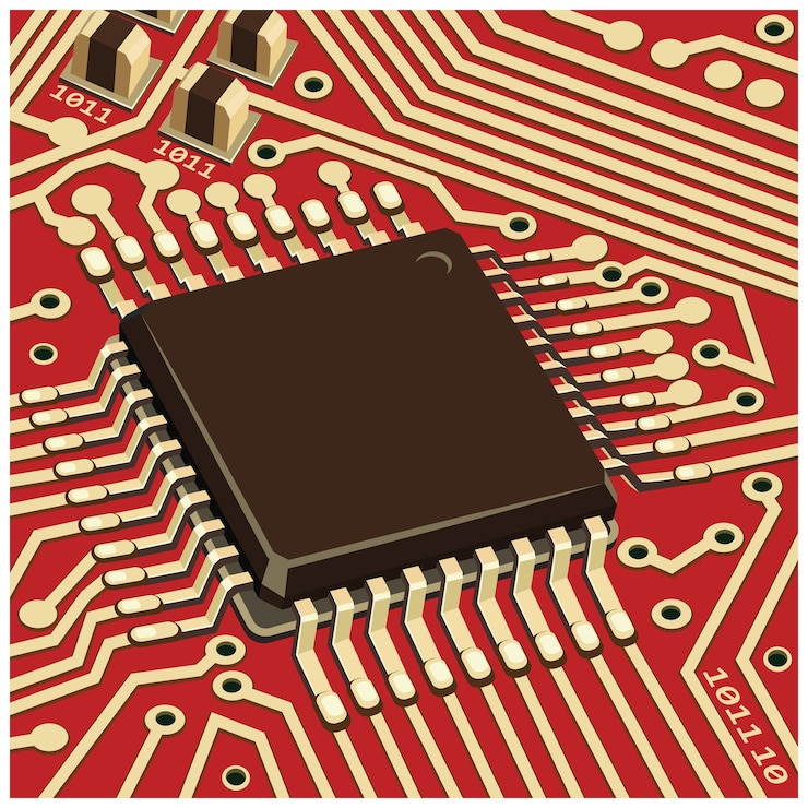Vector computer chip on the red board close up