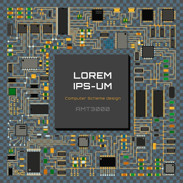 Vector computer chip technology processor circuit motherboard information system vector illustration