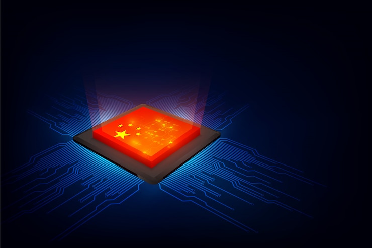 Vector computer chips over digital background with china flag. 