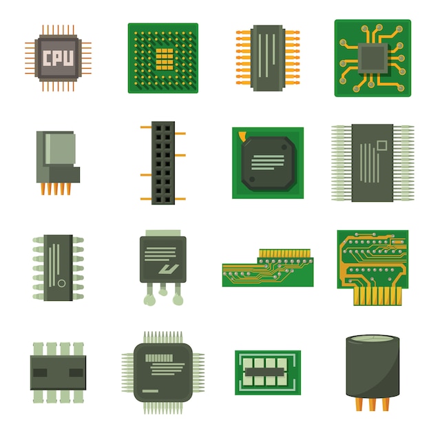 Computer chips icons set