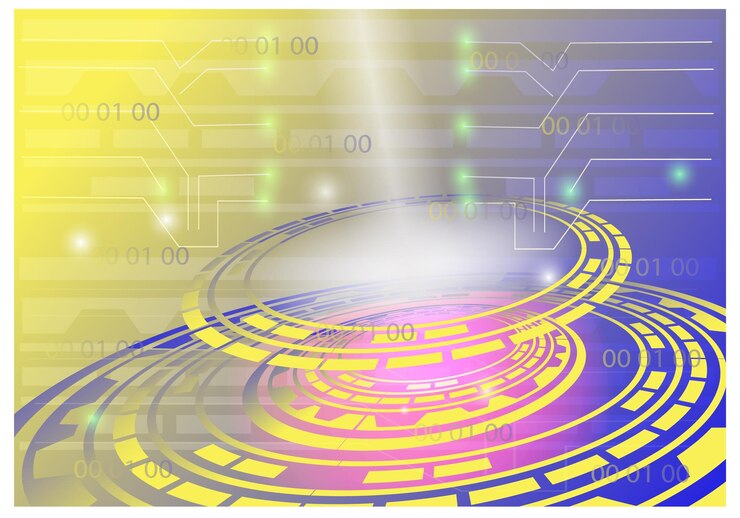 Vector a computer circuit with a purple and yellow background and the numbers 1, 000.