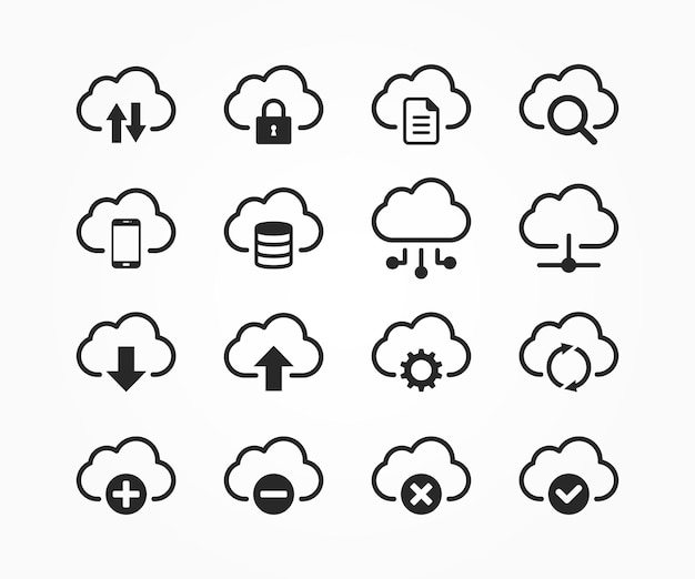 Computer cloud and Cloud Hosting related line icons or Cloud storage and Network Vector icon set