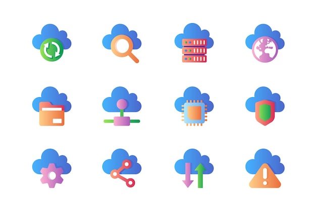 computer cloud icons set in color flat design pack of sync search database equipment internet file information access microchip data and other vector pictograms for web sites and mobile app