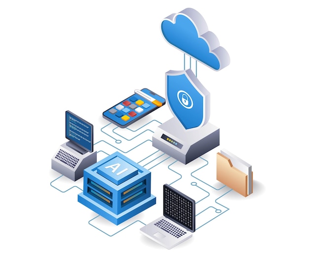 computer cloud server beveiliging applicatie programma netwerk concept platte isometrische 3D illustratie