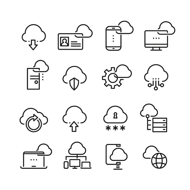 Computer cloud technology, data security, access perfection thin line icons