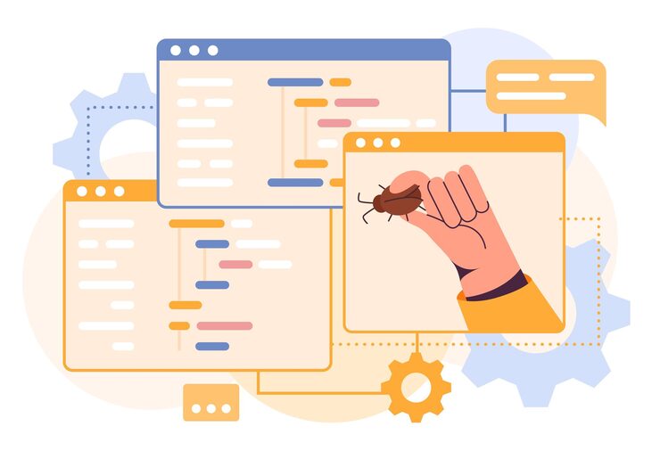 Vector computer code programmers hand holding bug malware problem digital debug coding antivirus system of program security testing software web data safety vector illustration concept