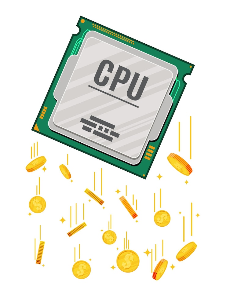 Vector computer cpu chip and golden dollar coins