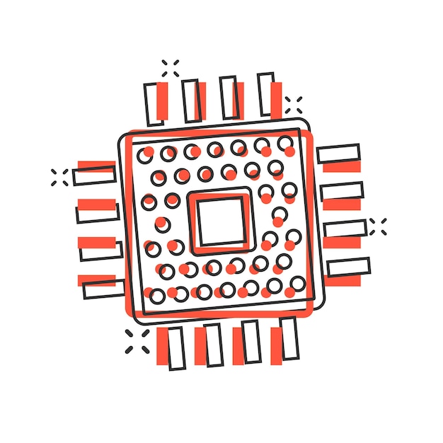 Vettore icona della cpu del computer in stile fumetto illustrazione vettoriale del cartone animato del circuito stampato su sfondo bianco isolato concetto di business con effetto splash del chip della scheda madre