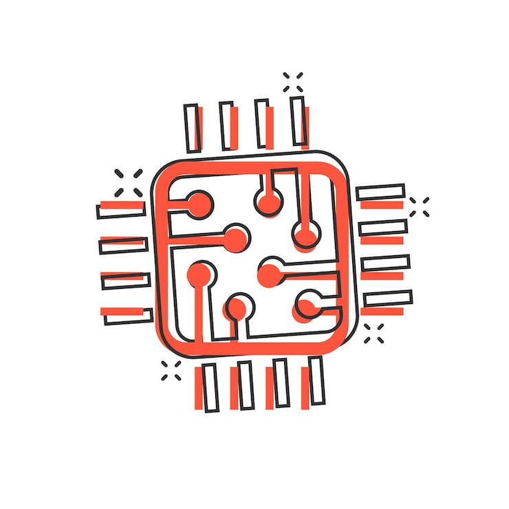 Vector computer cpu icon in comic style circuit board cartoon vector illustration on white isolated background motherboard chip splash effect business concept