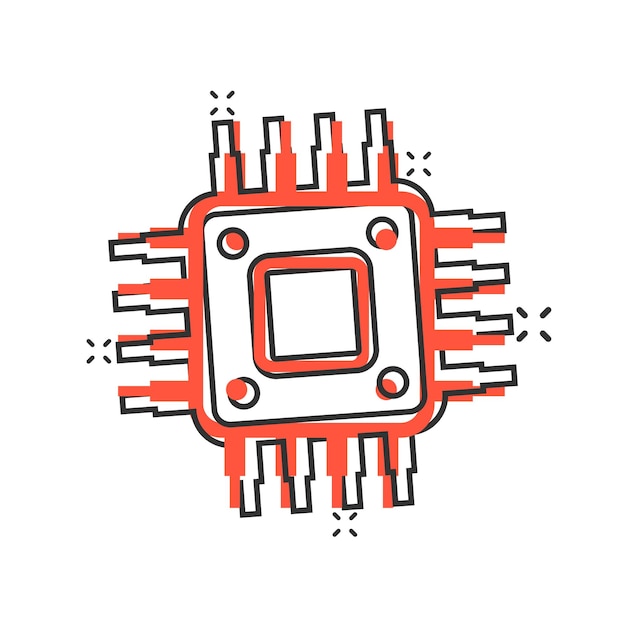 Vector computer cpu pictogram in komische stijl circuit board cartoon vectorillustratie op witte geïsoleerde achtergrond moederbord chip splash effect bedrijfsconcept