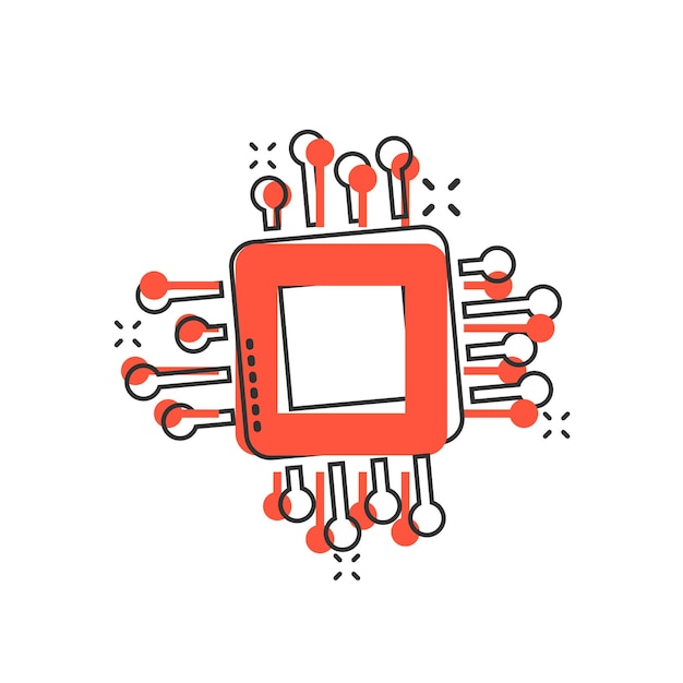 Computer cpu pictogram in komische stijl Circuit board cartoon vectorillustratie op witte geïsoleerde achtergrond Moederbord chip splash effect bedrijfsconcept