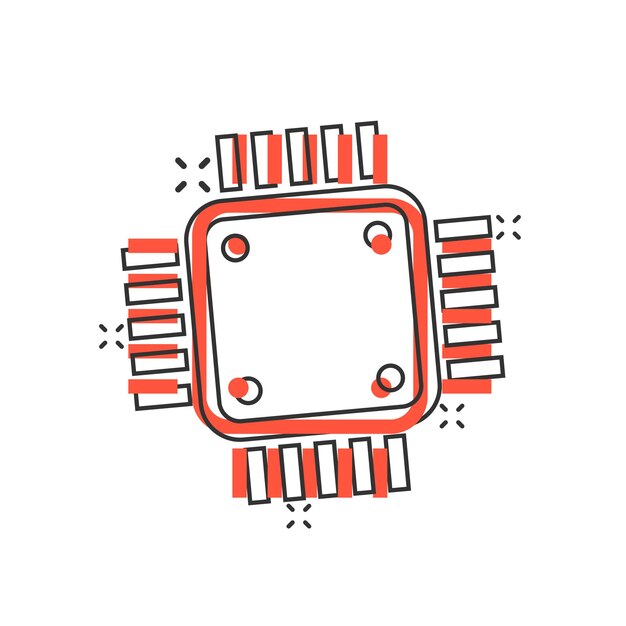 Computer cpu pictogram in komische stijl Circuit board cartoon vectorillustratie op witte geïsoleerde achtergrond Moederbord chip splash effect bedrijfsconcept