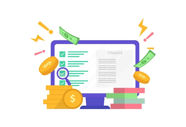 computer and data illustration book and dollar bill data finished flat vector illustration