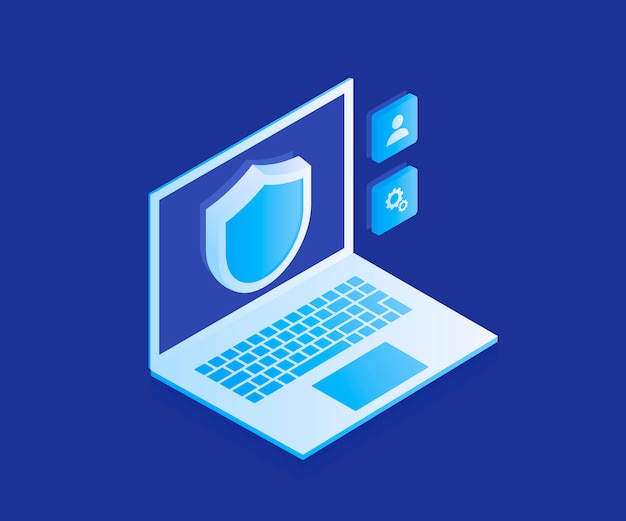 Computer data protection, laptop with shield, data safety. Modern illustration in isometric style