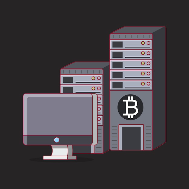 Vector computer an data server with bitcoin symbol