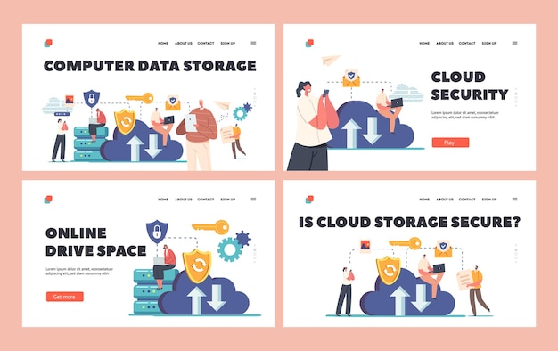 Computer Data Storage Landing Page Template Set Cloud Safety Internet Security Privacy Virtual Private Network