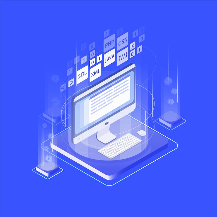 Vector コンピューターディスプレイ、キーボード、マウスパッド、プログラミング言語。 webアプリケーションまたはソフトウェア開発、インターネットプログラムコーディング