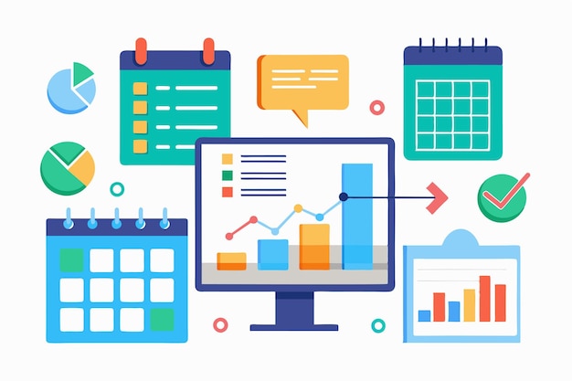 a computer displays charts and graphs alongside calendars and checklists for planning tasks effectively schedule for data input trending
