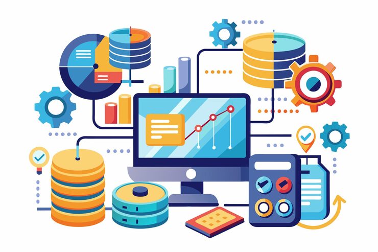 Vector a computer displays graphs and data alongside storage units and calculation tools for statistics automated processing of information with statistical reports from database analysis