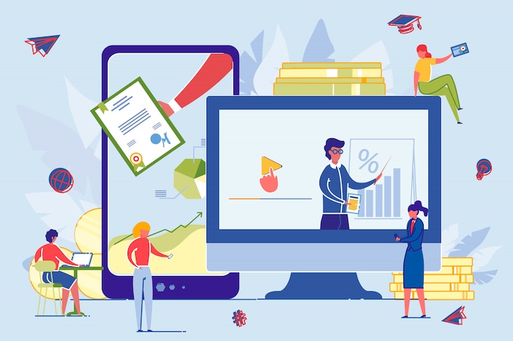 Vector computer displays with online education group.