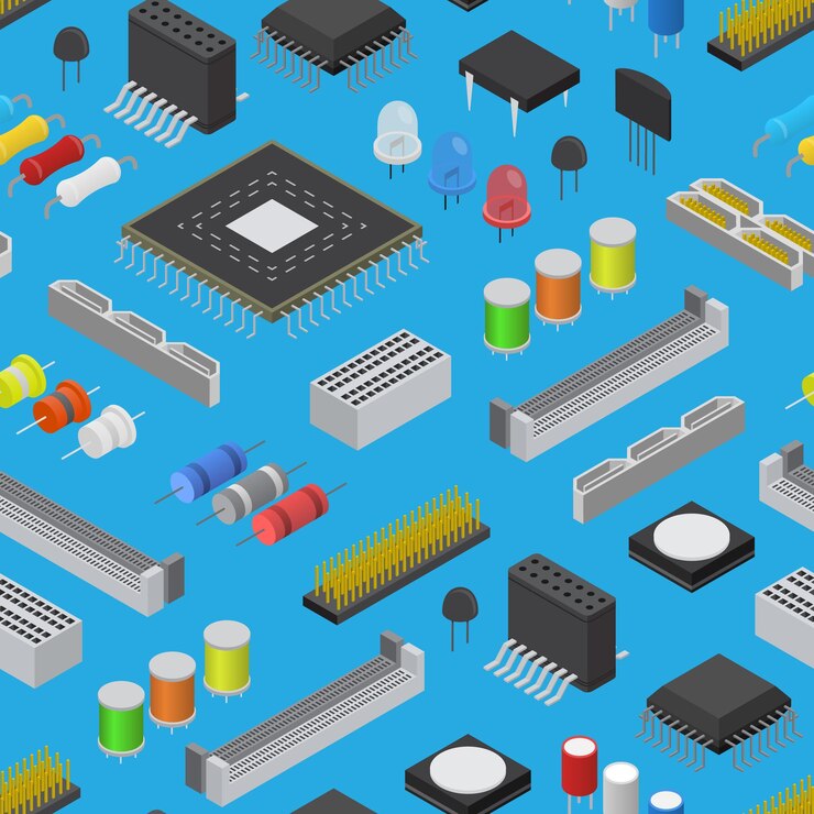 Vector computer electronic circuit board component background pattern on a blue isometric view vector