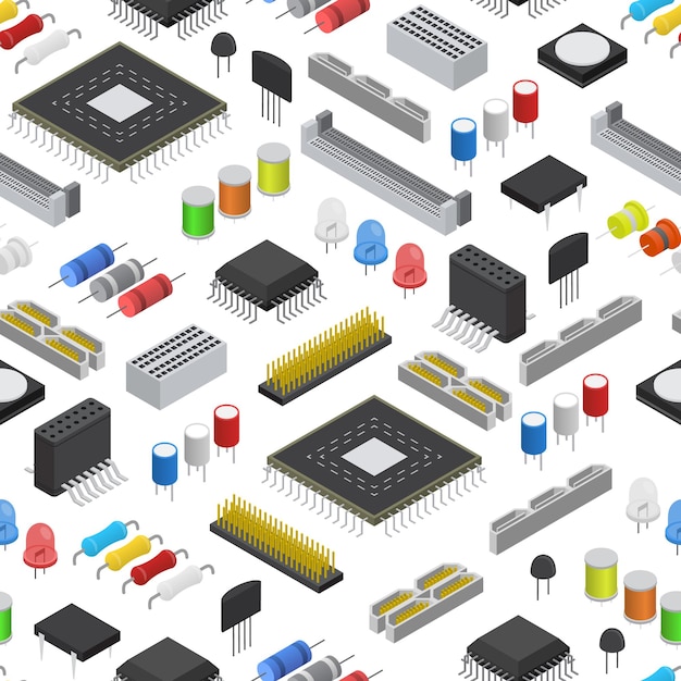 Vector computer electronic circuit board component background pattern on a white isometric view for web