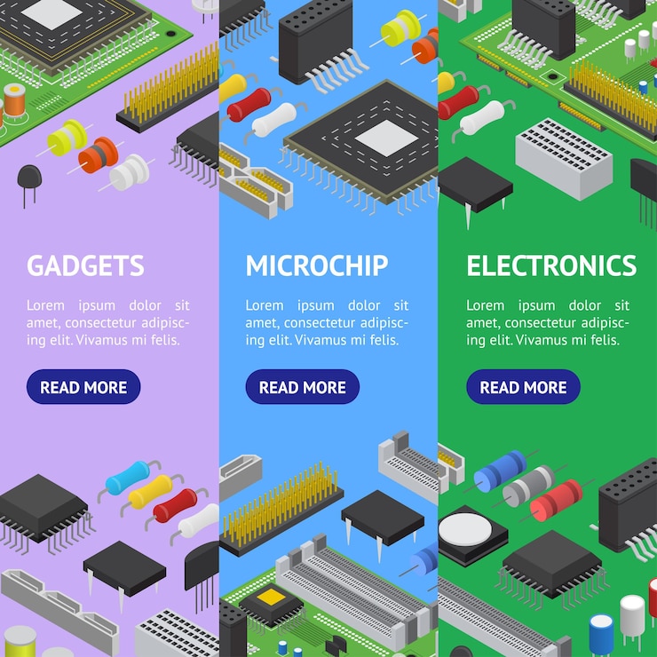 Vector computer electronic circuit board component banner vecrtical set isometric view for web vector