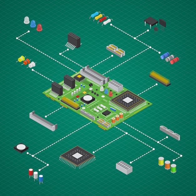 Computer electronic circuit board component set isometric view vector