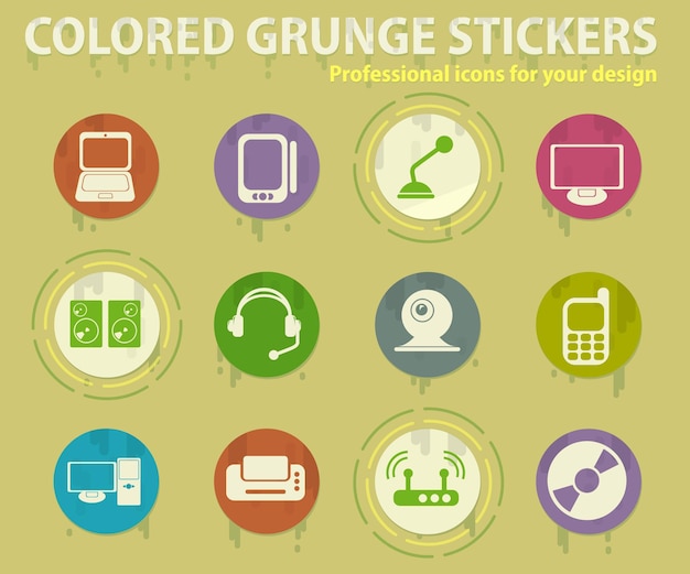 Computer equipment colored grunge icons