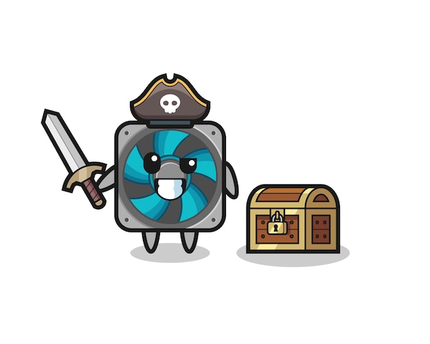 The computer fan pirate character holding sword beside a treasure box