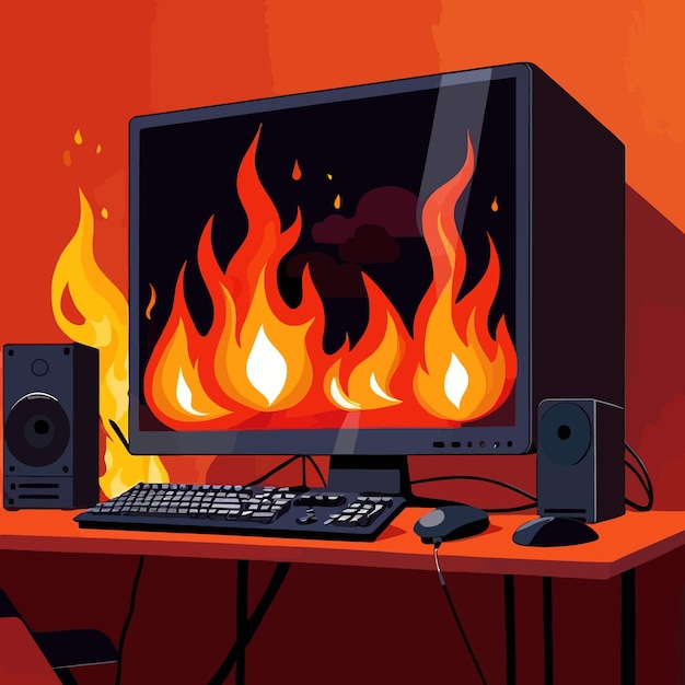 Computer on fire indicating computer overheating and failure vector illustration