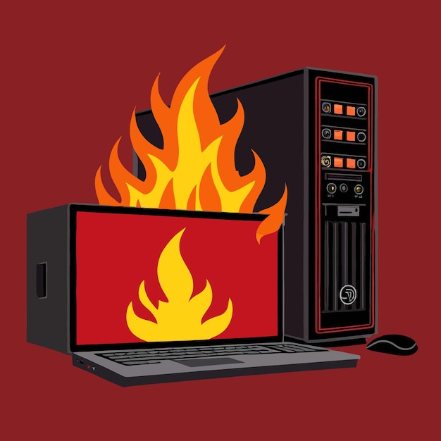 Vector computer on fire indicating computer overheating and failure vector illustration