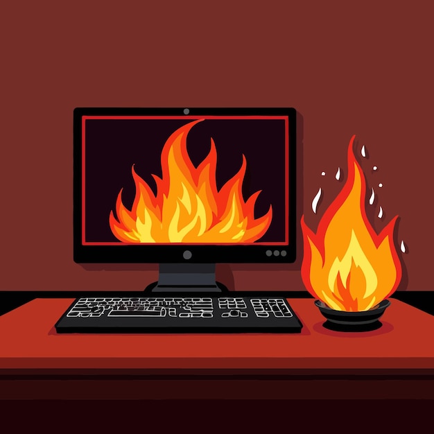 Computer on fire indicating computer overheating and failure vector illustration