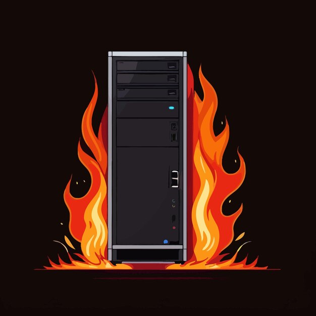 Vector computer on fire indicating computer overheating and failure vector illustration