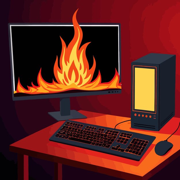 Vector computer on fire indicating computer overheating and failure vector illustration