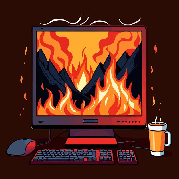 Vector computer on fire indicating computer overheating and failure vector illustration