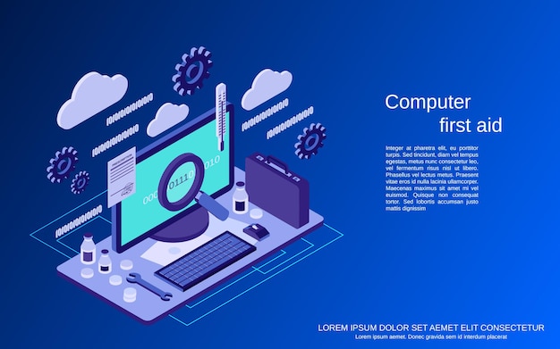 Computer first aid flat 3d isometric vector concept illustration