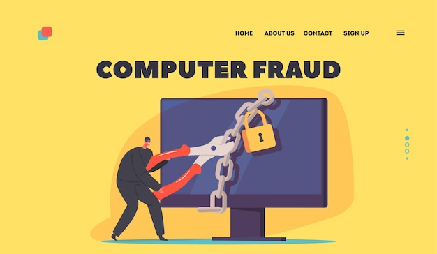 컴퓨터 사기 사이버 범죄 방문 페이지 템플릿 커터가 있는 마스크의 작은 강도는 거대한 PC 바탕 화면에서 자물쇠를 파괴합니다.
