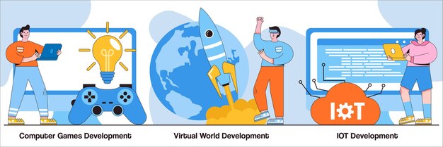 Giochi per computer, mondo virtuale e concetto di sviluppo iot con persone minuscole. insieme dell'illustrazione di vettore dell'estratto del gruppo di programmazione. progettazione grafica vr, test e distribuzione, metafora dell'internet delle cose.