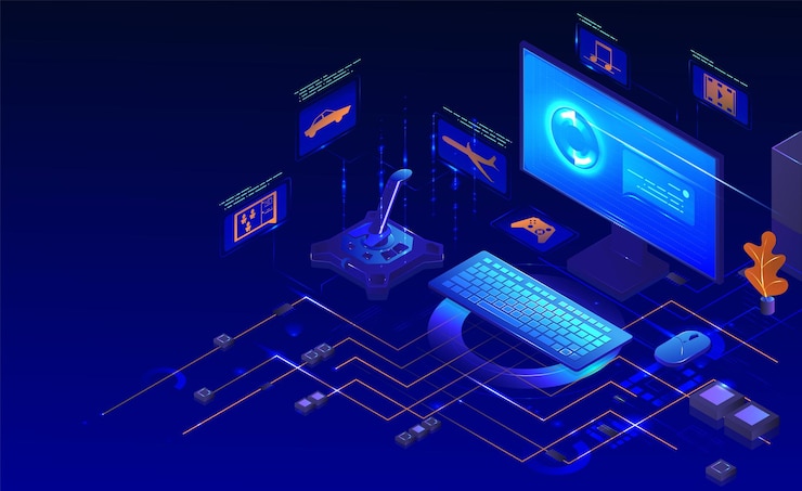Vector computer gaming set. isometric desktop computer monitor, keyboard, mouse, game controller. pc gaming accessories, vector