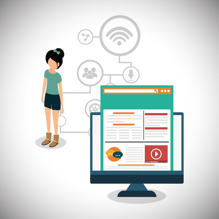Vector computer girl social media design